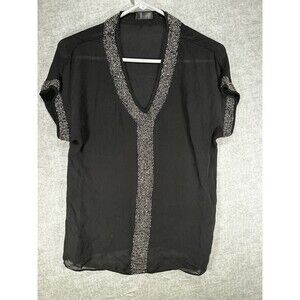 Love Token 100% Silk Embellished Top Blouse Size Small Black 18” pit to pit